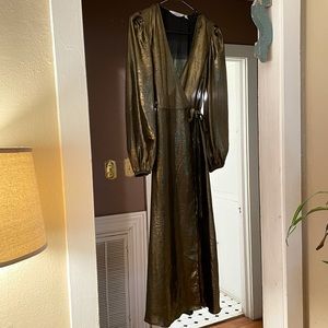 Metallic Satin Wrap Midi Dress